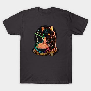 Neon Cat Eating Ramen T-Shirt